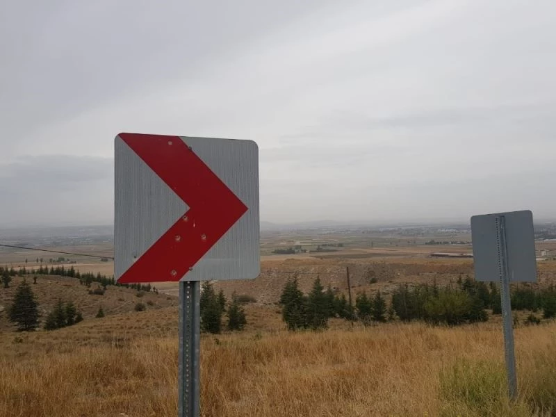 Trafik levhasını atış poligonu olarak kullanıyorlar
