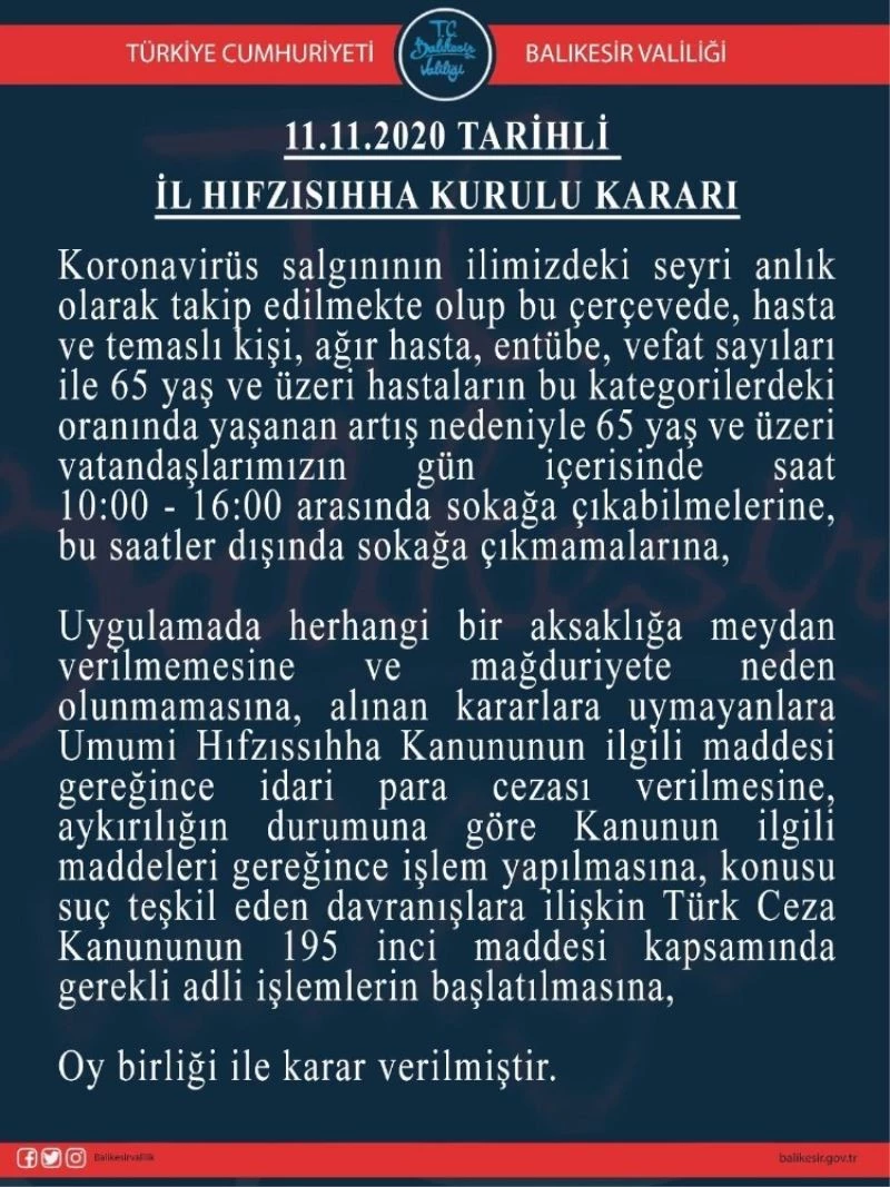 Balıkesir’de 65 yaş üstü vatandaşlar saat 10 ila 16 arası sokağa çıkabilecek

