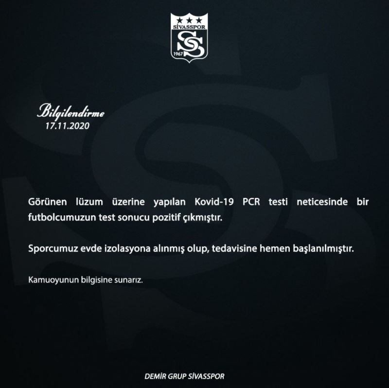 Sivasspor’da 1 futbolcunun testi pozitif çıktı!
