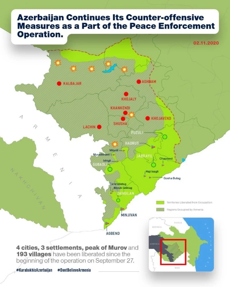 Azerbaycan 4 şehir, 193 köy, 3 kasaba ve Murovdağ Zirvesi’ni işgalden kurtardı
