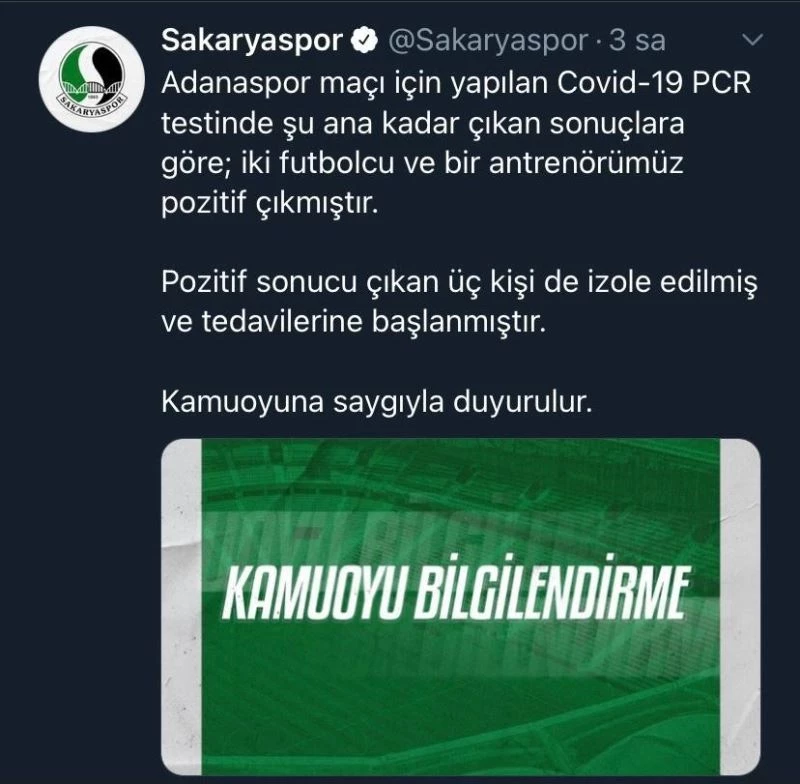 Sakaryaspor’da iki futbolcu ve bir antrenörün test sonucu pozitif çıktı
