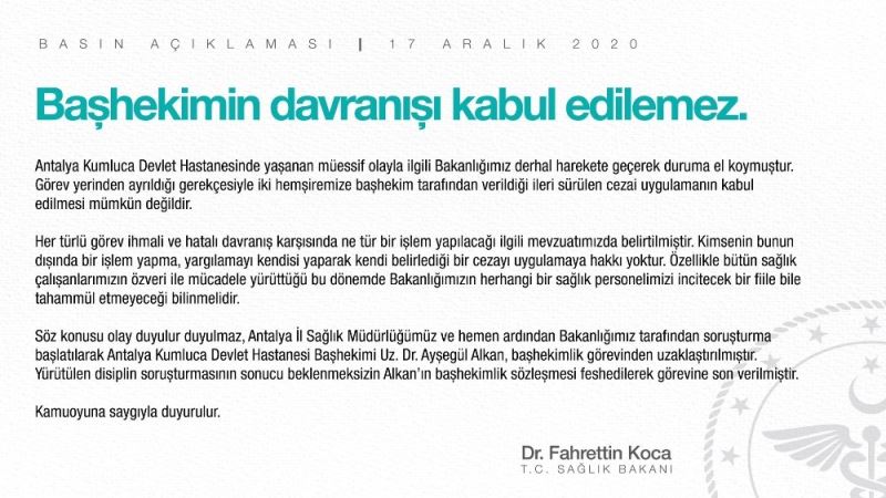 Sağlık Bakanı Koca: “Başhekimin davranışı kabul edilemez”
