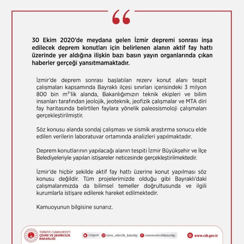 Çevre ve Şehircilik Bakanlığı: “İzmir’de hiçbir şekilde aktif fay hattı üzerine konut yapılması söz konusu değildir”
