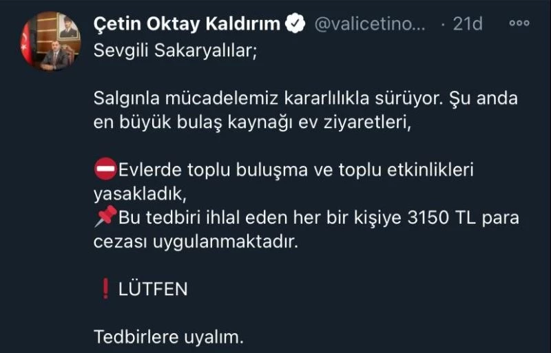 Sakarya’da evlerde toplu buluşma ve etkinliklere 3 bin 150 lira ceza kesilecek
