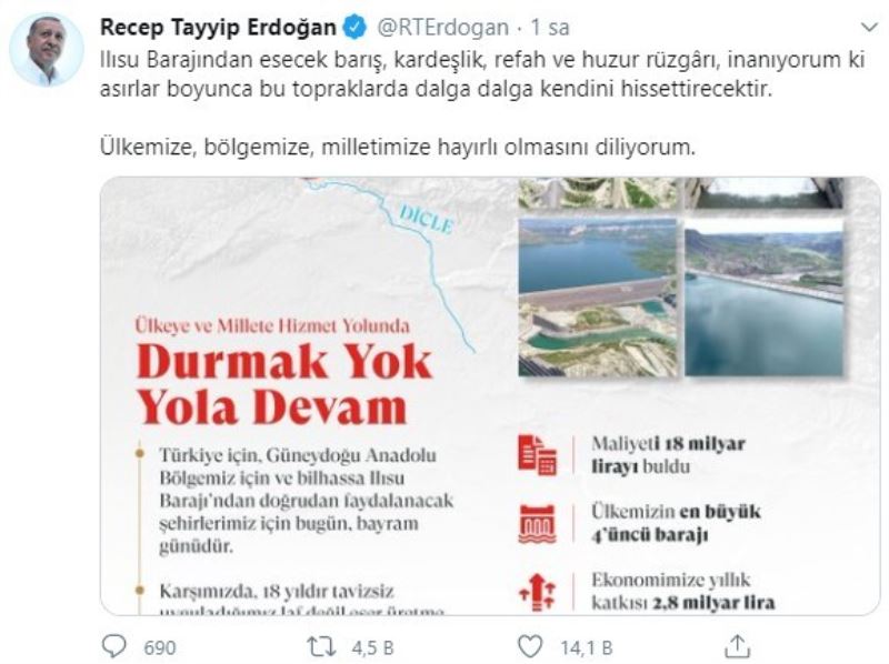Cumhurbaşkanı Erdoğan’dan Ilısu Barajı paylaşımı
