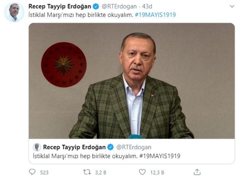 Cumhurbaşkanı Erdoğan, 19.19’da İstiklal Marşı’nı okudu
