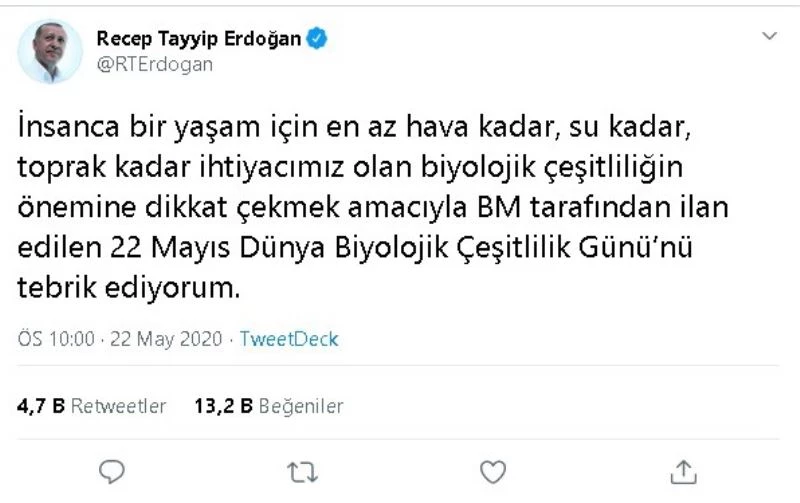 Cumhurbaşkanı Erdoğan’dan ‘Dünya Biyolojik Çeşitlilik Günü’ paylaşımında Haliç vurgusu
