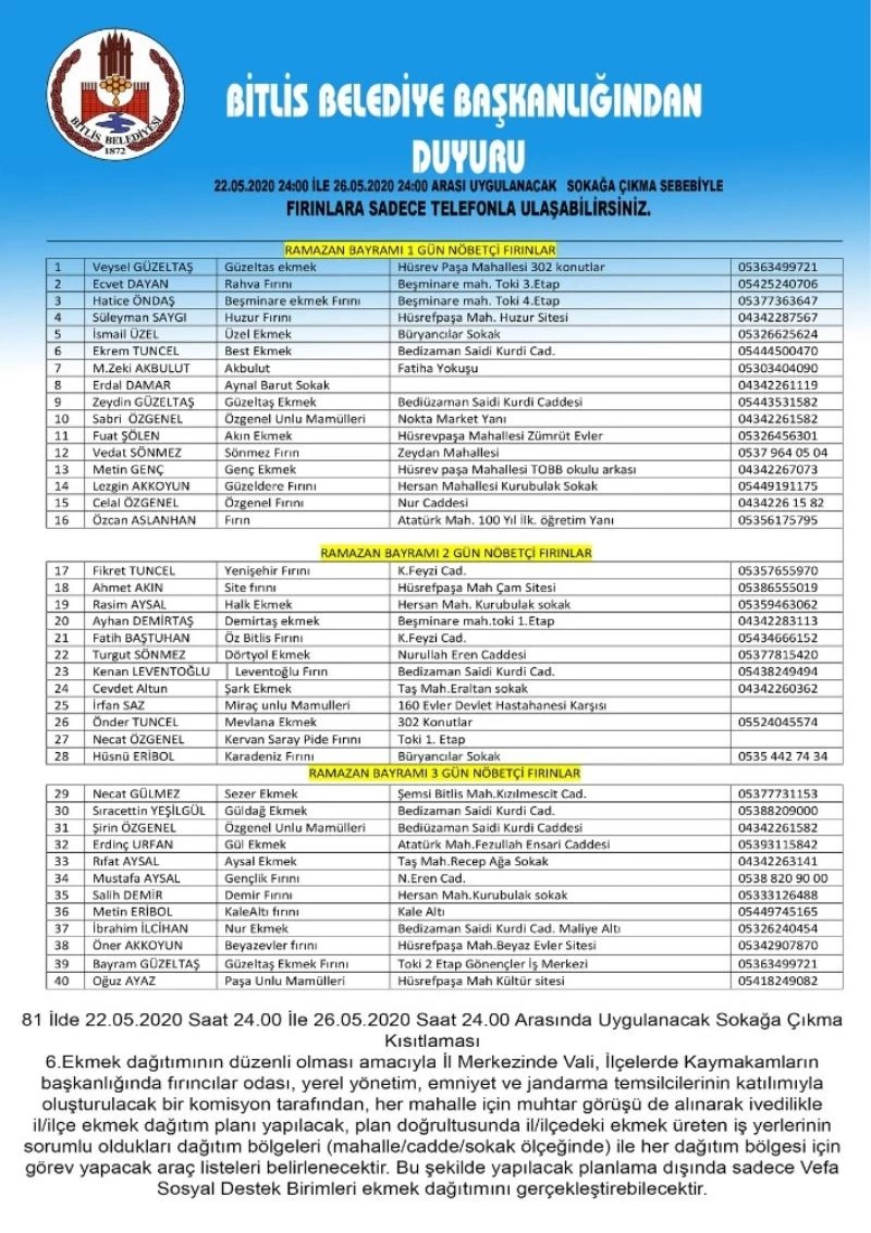 Bitlis Belediyesi nöbetçi fırın listesini paylaştı
