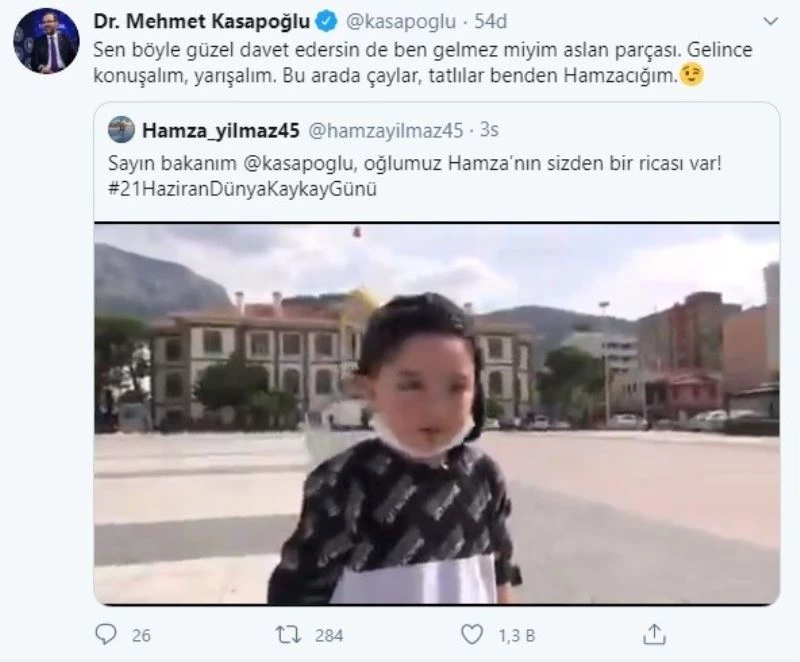 Bakan Kasapoğlu minik kaykaycının çağrısını cevapsız bırakmadı
