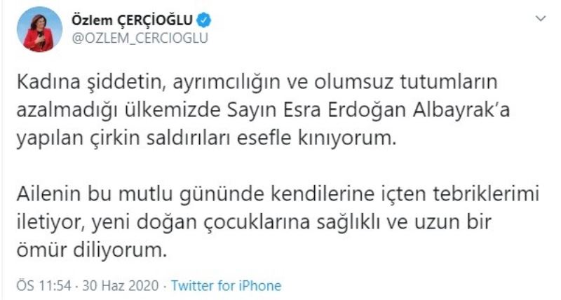 CHP’li Başkan Çerçioğlu’ndan Bakan Albayrak’ın eşine destek
