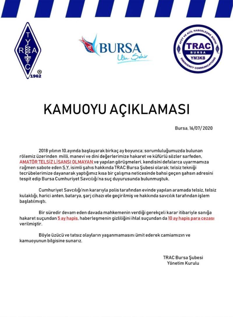 Bursa’da lisanssız telsiz kullanan kişiye hapis ve para cezası
