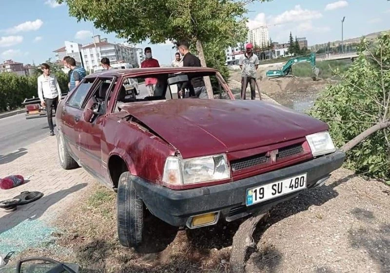 Takla atan otomobili dereye uçmaktan ağaç kurtardı
