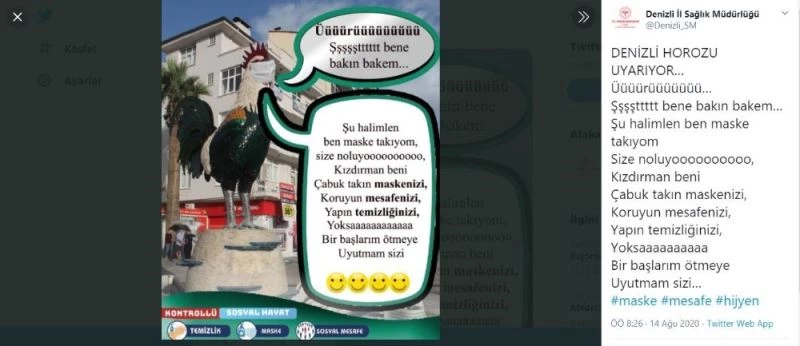 Denizli Horozu uyardı; “Çabuk takın maskenizi”
