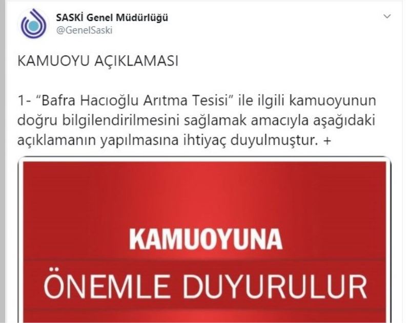 SASKİ’den “Bafra Hacıoğlu Arıtma Tesisi” açıklaması
