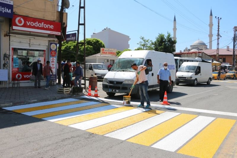 Erciş Belediyesinden yaya geçidi ve kasisleri boyama çalışması
