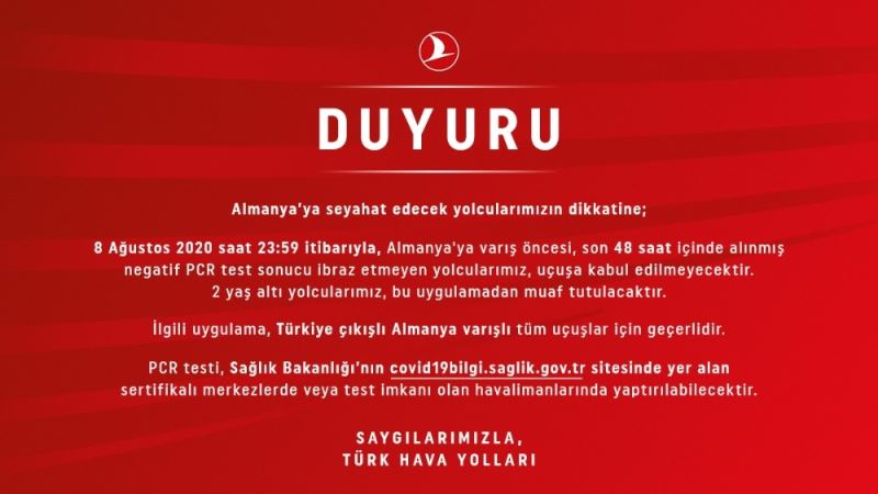 THY’den Almanya’ya seyahat edecek yolculara ’PCR testi’ uyarısı
