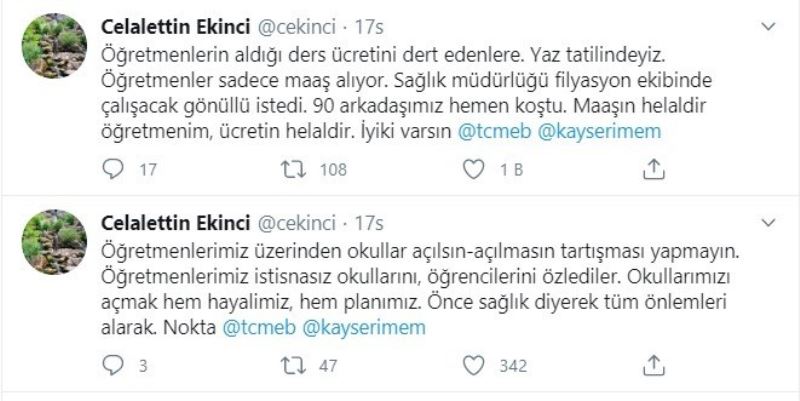 Ekinci, “Öğretmenlerimiz üzerinden okullar açılsın-açılmasın tartışması yapmayın”
