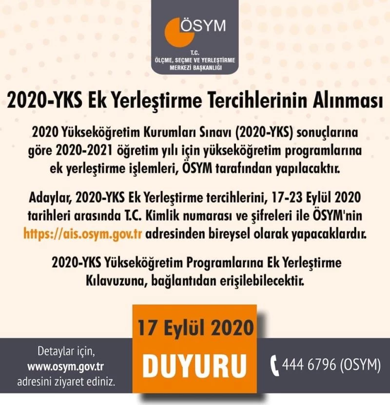 2020-YKS ek yerleştirme tercihleri bugün başladı
