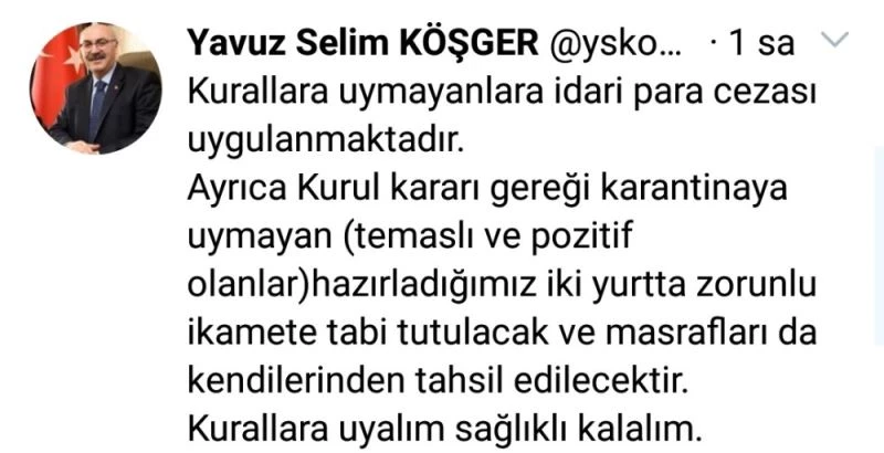 İzmir Valisi Köşger: “Karantinaya uymayan yurtta zorunlu ikamete tabii tutulacak”
