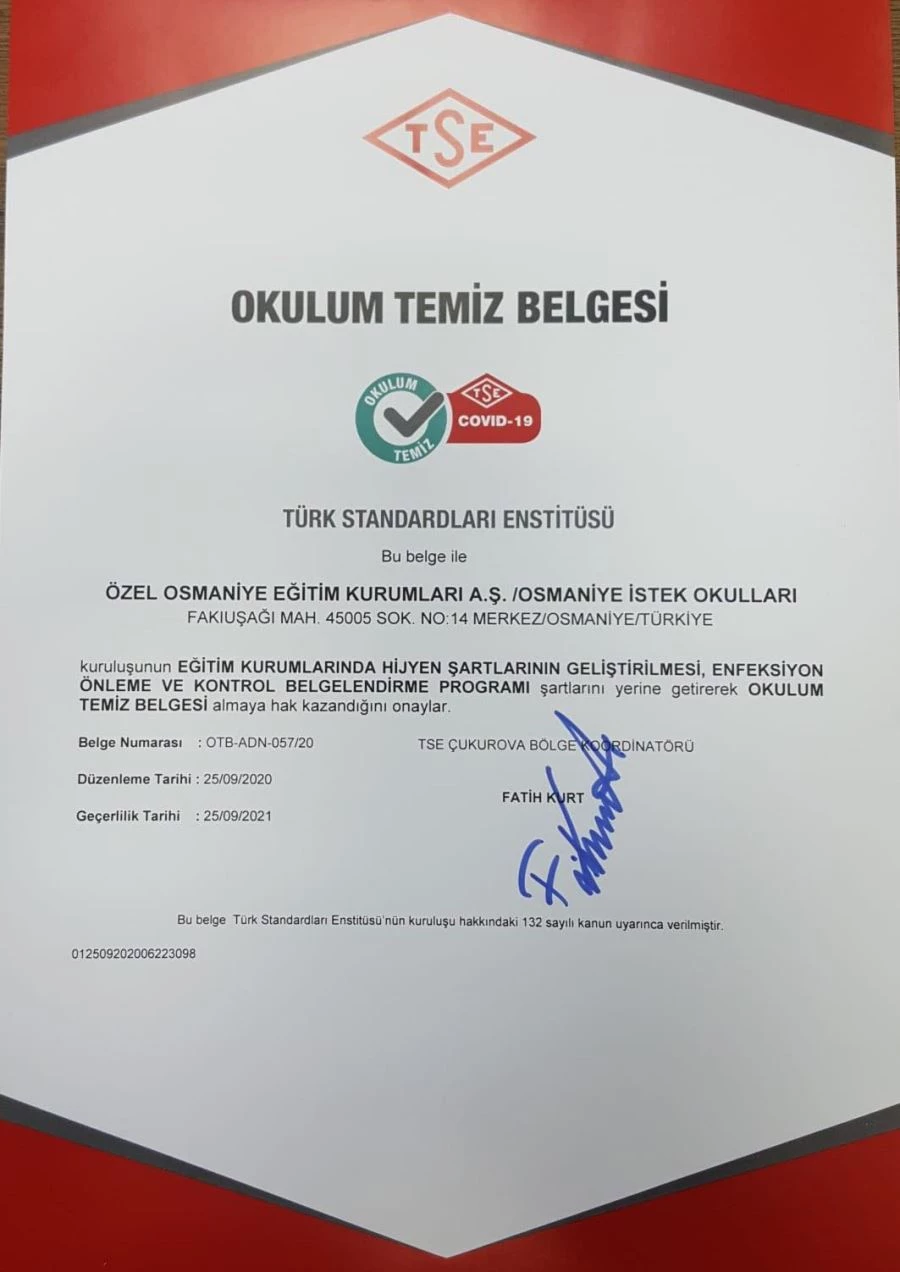OSMANİYE İSTEK OKULLARI “OKULUM TEMİZ BELGESİ” ALAN İLK OKUL OLDU