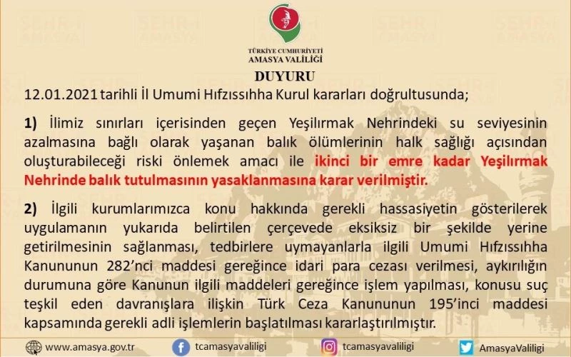 Amasya Valiliği, Yeşilırmak’ta balık tutulmasını yasakladı
