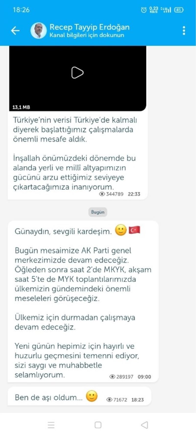 Cumhurbaşkanı Recep Tayyip Erdoğan, Telegram ve Bip üzerinden, 