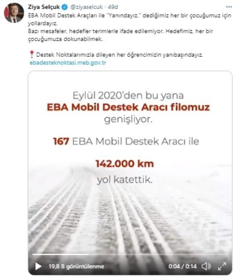 Bakan Selçuk’tan EBA Mobil Destek Araçları paylaşımı
