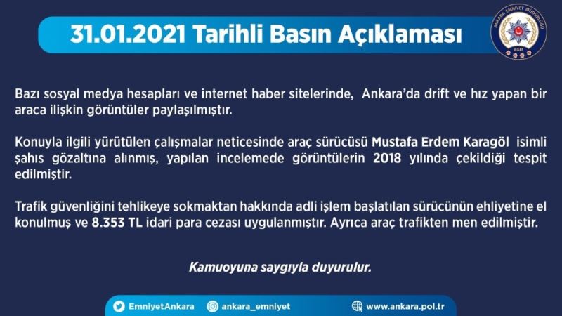 Ankara Emniyet Müdürlüğü’nden drift görüntülerine ilişkin açıklama
