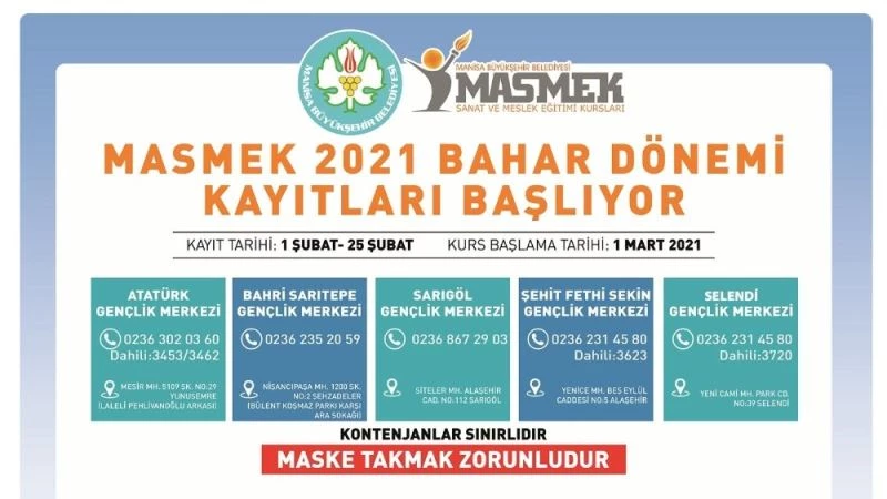 MASMEK’lerde 2021 Bahar Dönemi kurs kayıtları başlıyor
