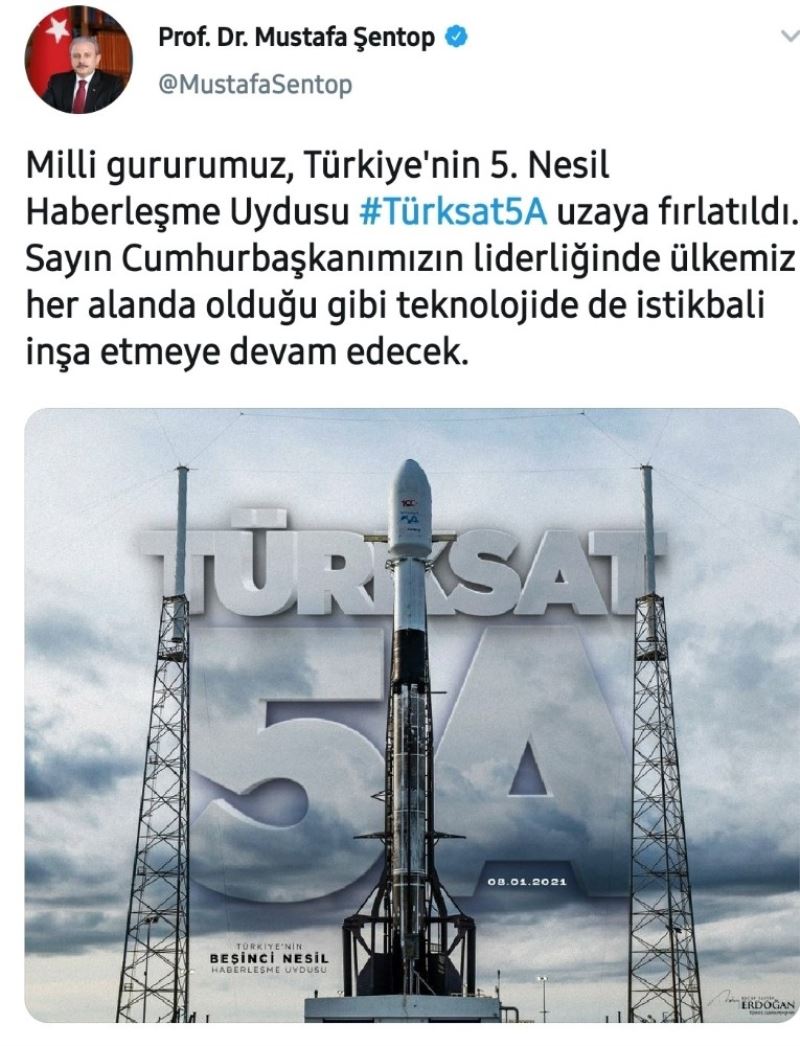 TBMM Başkanı Şentop’tan Türksat 5A paylaşımı
