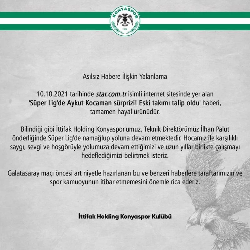 Konyaspor’dan Aykut Kocaman açıklaması
