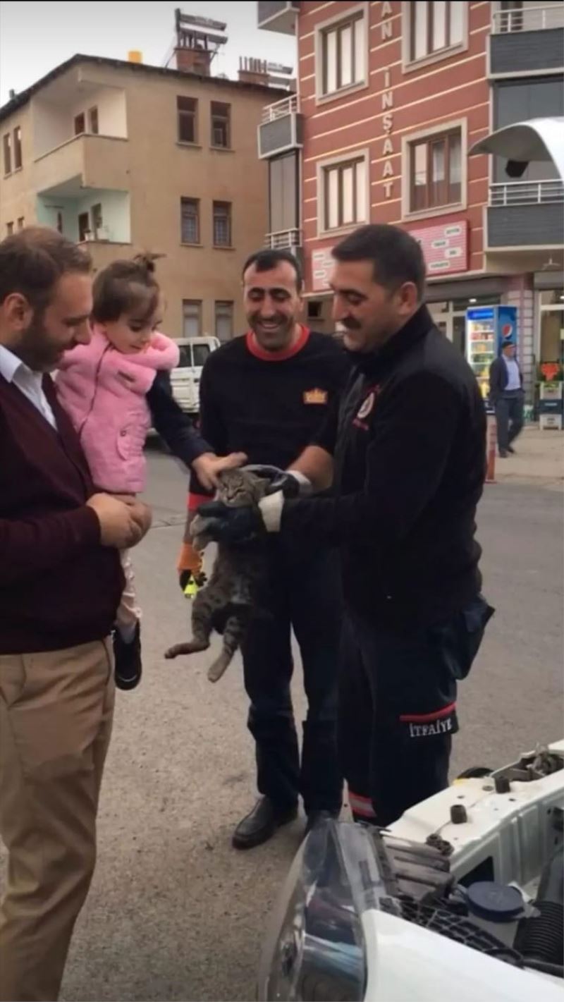 Bingöl’de aracın motor kısmına giren kediyi itfaiye ekipleri kurtardı
