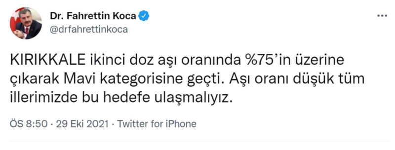 Kırıkkale aşılamada ’mavi’ kategoriye geçti
