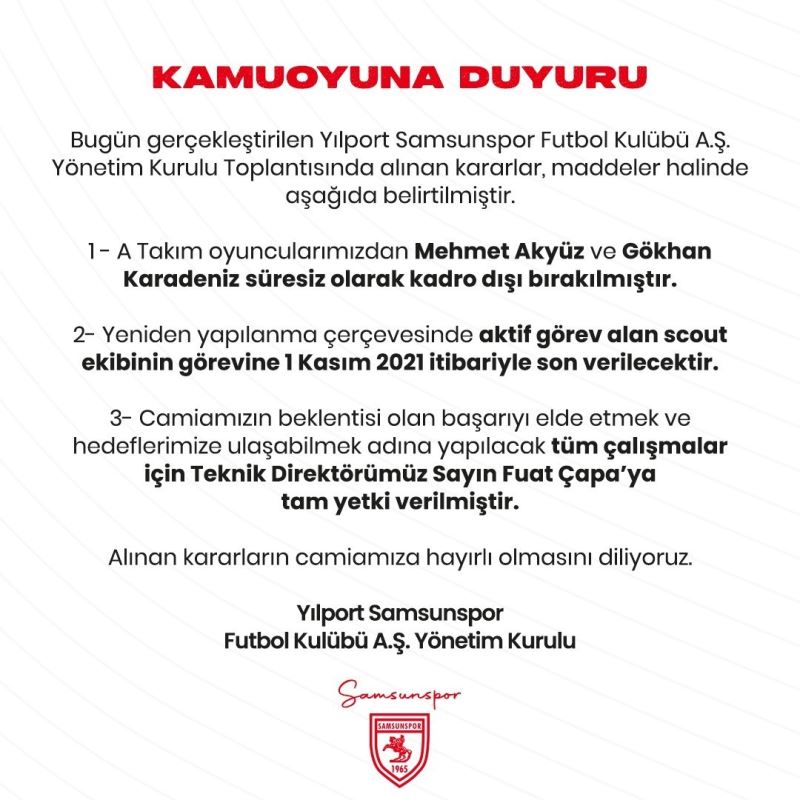 Samsunspor’da Mehmet Akyüz ve Gökhan Karadeniz süresiz kadro dışı bırakıldı!
