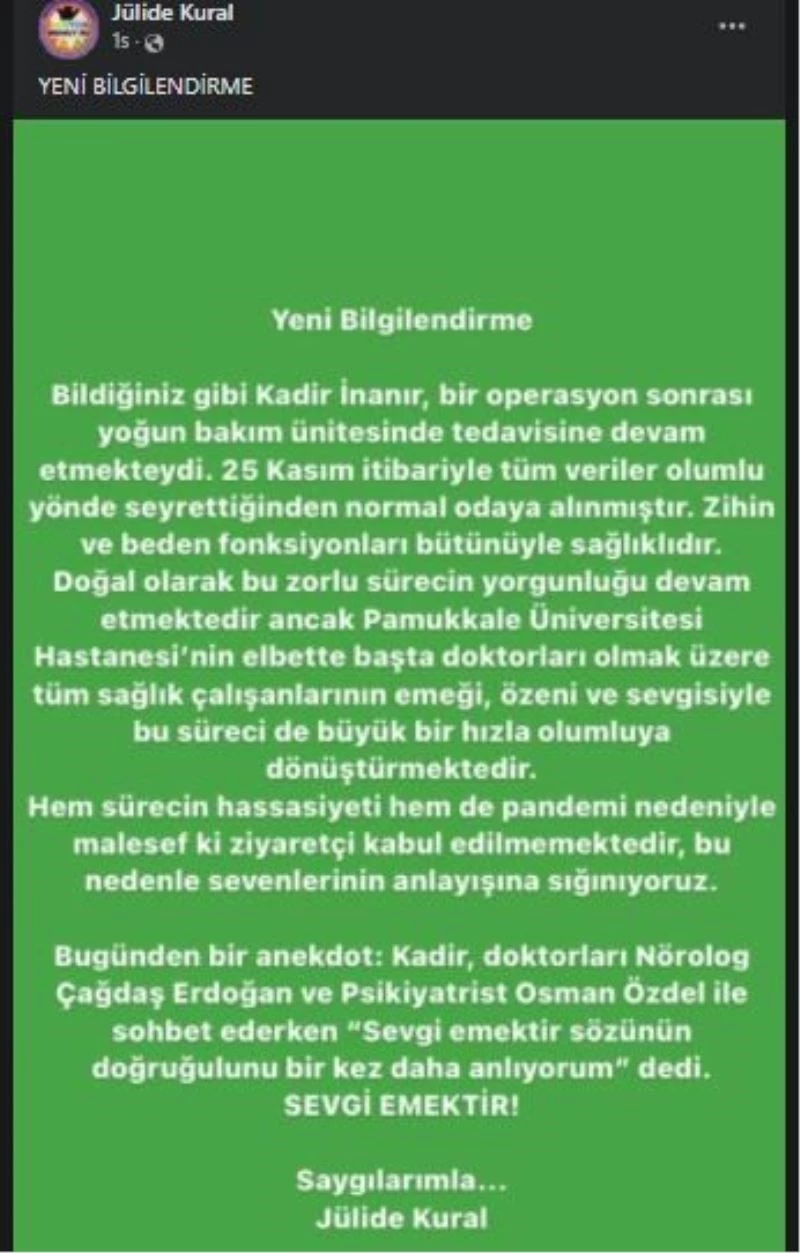 Yoğun bakımdan çıkan Kadir İnanır servise alındı
