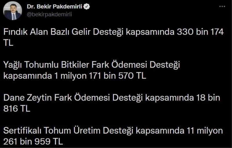 Bakan Pakdemirli: “13 milyon lirayı aşkın destek ödemesi hesaplara aktarılmaya başlandı”
