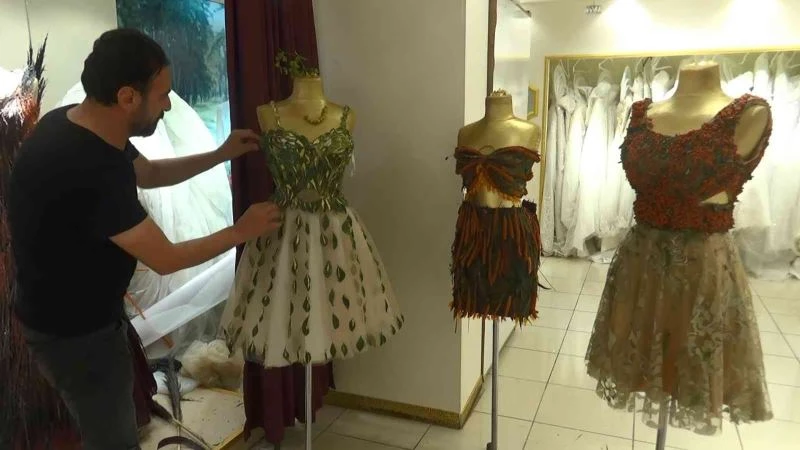 Diyarbakırlı modacı ağaç yapraklarında gelinlik ve elbiseler tasarladı
