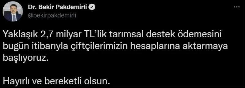 Bakan Pakdemirli: “2,7 milyar liralık tarımsal destek ödemesini çiftçilerimizin hesaplarına aktarmaya başlıyoruz”

