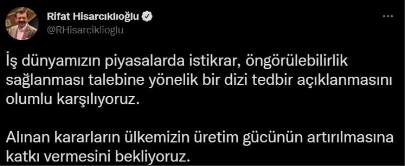TOBB Başkanı Hisarcıklıoğlu: “Yapılan bir dizi tedbir açıklanmasını  olumlu karşılıyoruz”
