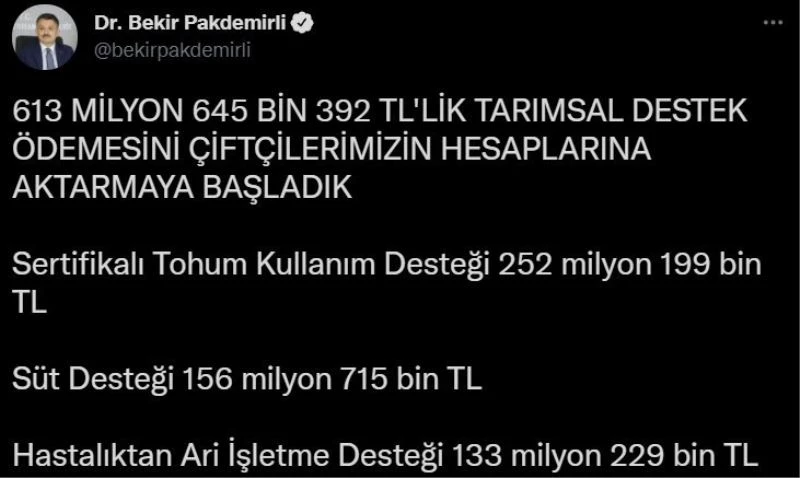 613 milyon liralık destek ödemesi çiftçilerin hesaplarına aktarılmaya başlandı
