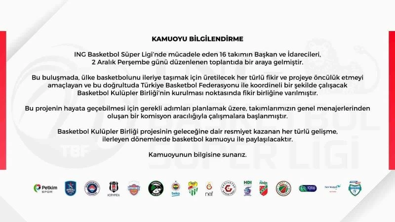 Frutti Extra Bursaspor: “Basketbol Kulüpler Birliği’nin kurulması noktasında fikir birliğine varılmıştır”
