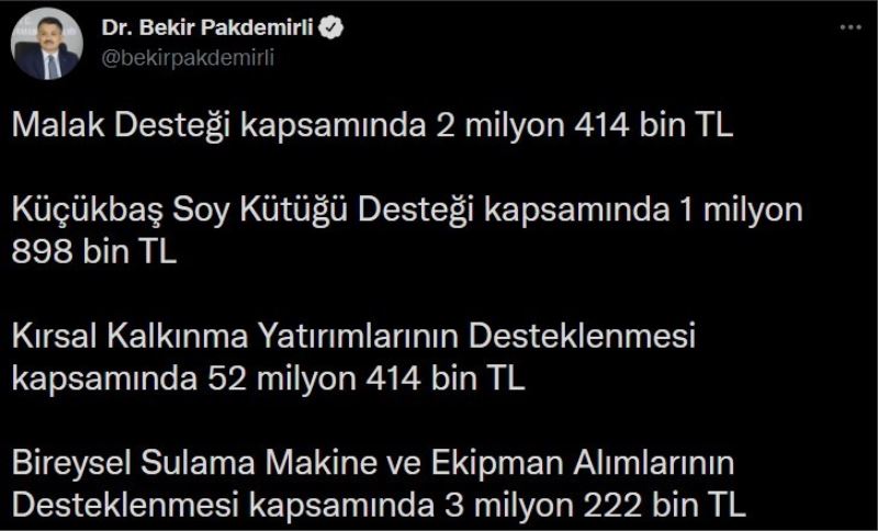 Bakan Pakdemirli, 5 farklı kalemde 486 milyon liralık desteğin 10 Aralık’ta yatırılacağını duyurdu
