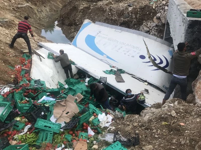 Devrilen tırdan yola saçılan sebze ve meyveyi kasalara koyup evlerine götürdüler
