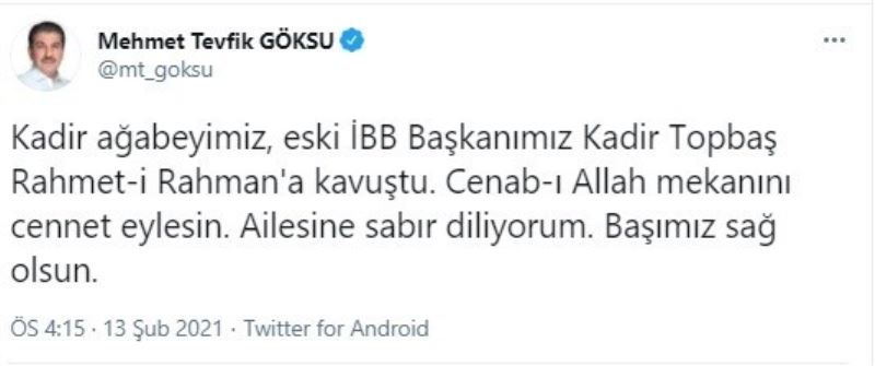 İstanbul Büyükşehir Belediyesi eski Başkanı Kadir Topbaş, hayatını kaybetti
