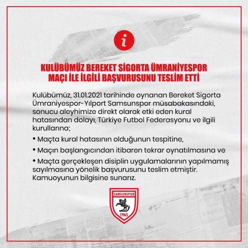 Samsunspor’dan TFF’ye başvuru: Kural hatası tespiti ve maçın tekrarı istendi
