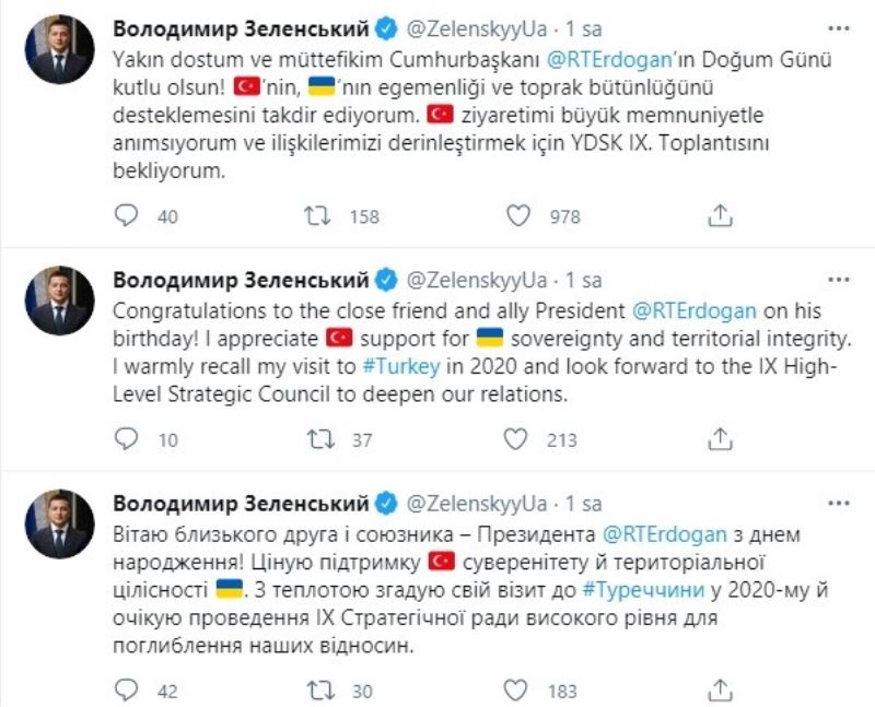 Ukrayna Devlet Başkanı Zelenskiy Cumhurbaşkanı Erdoğan’ın doğum gününü kutladı
