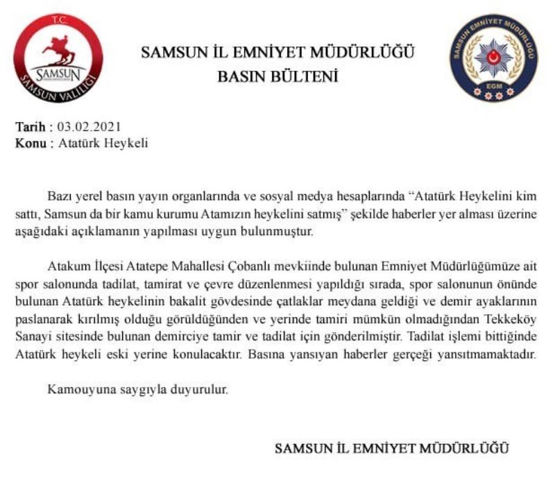 Samsun İl Emniyet Müdürlüğü’nden ’Atatürk heykeli’ açıklaması
