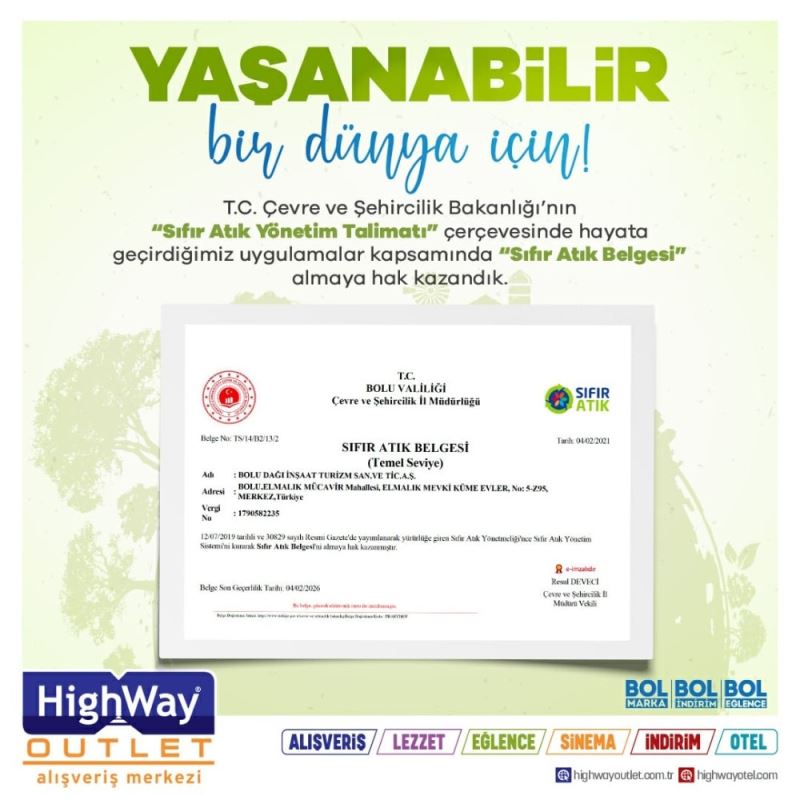 Highway AVM ’Sıfır Atık Belgesi’’ almaya hak kazandı
