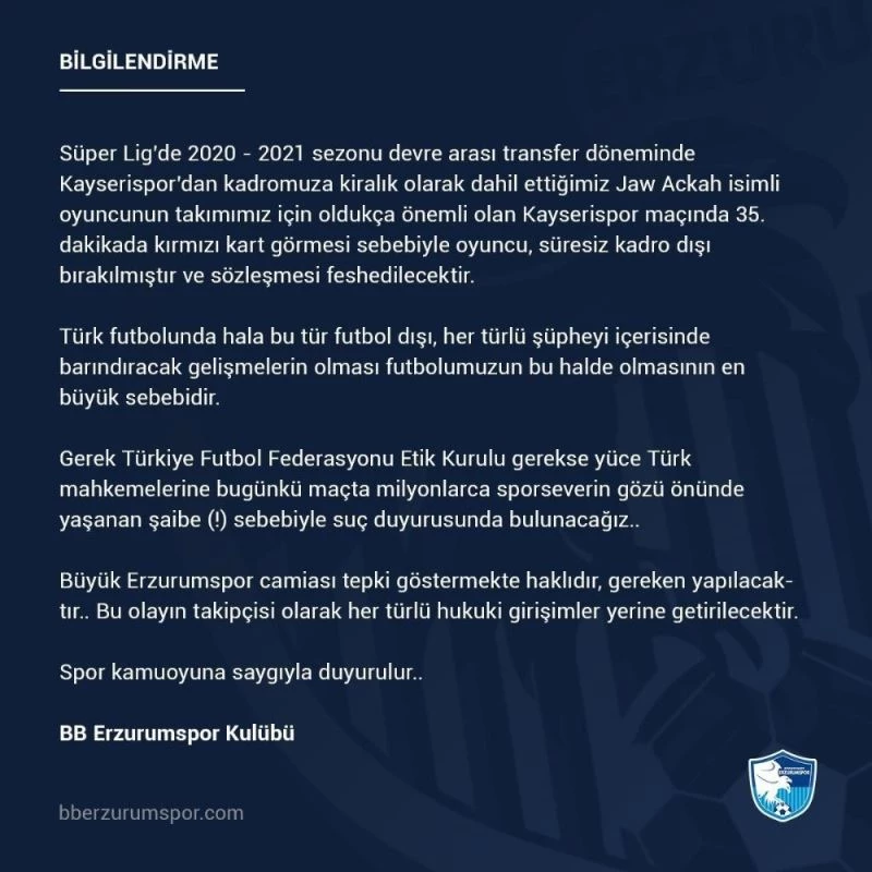 BB Erzurumspor Jaw Achka’yı süresiz kadro dışı bıraktı
