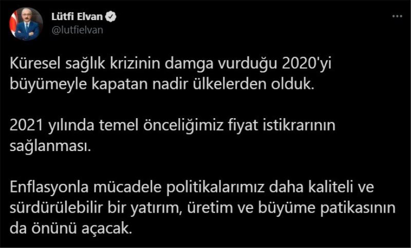 Bakan Elvan: “(Pandemi sürecinde)2020’yi büyümeyle kapatan nadir ülkelerden olduk”
